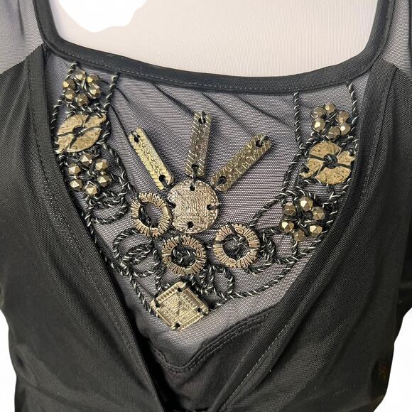 Save the Queen Italy Black Mesh Ruched Dress Beaded Front Detail Made in Italy - Picture 5 of 7